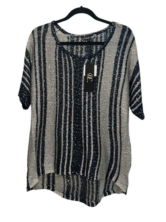 Dolce Cabo Tops - Dolce Cabo Navy and silver Striped Knit Tunic with sequins size L NWT